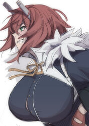  blue_oath blush breasts clenched_teeth cleveland_(blue_oath) commentary_request female fur_collar gloves green_eyes hair_between_eyes headgear highres jacket large_breasts long_sleeves neck_ribbon profile red_gloves red_hair ribbon short_hair simple_background solo teeth white_background whoosaku yellow_ribbon 