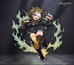  :d absurdres animal_ears arknights asymmetrical_legwear bandages bear_ears bear_girl beehunter_(arknights) black_footwear black_jacket black_shorts boots brass_knuckles brown_hair brown_legwear fangs female full_body hair_over_one_eye highres jacket knee_boots lataedelan looking_at_viewer mismatched_legwear one_eye_covered open_mouth purple_eyes purple_nails short_hair shorts smile solo v-shaped_eyebrows weapon yellow_legwear 