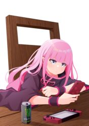  blue_eyes blunt_bangs cellphone closed_mouth female highres holding holding_phone long_hair nintendo_switch phone pink_hair re:zero_kara_hajimeru_isekai_seikatsu ryuzu_meyer sitting smartphone solo straight_hair upper_body very_long_hair wristband yasehattagi 