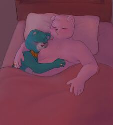  2023 abbytabbys achuchones_(unicorn_wars) anthro bear bedding belly big_belly blanket blush bow_tie closed_eyes duo gordi_(unicorn_wars) hi_res hug male mammal overweight overweight_male pillow pink_body unicorn_wars 