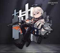  1boy absurdres arknights bag black_footwear black_pants blue_eyes boots closed_mouth earpiece executor_(arknights) full_body gun hair_between_eyes halo handgun highres holding holding_gun holding_weapon jacket lataedelan long_sleeves male_focus pants shoes short_hair shoulder_bag solo trigger_discipline v-shaped_eyebrows weapon white_hair white_jacket wings 