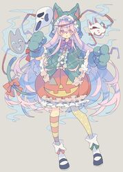  adapted_costume animal_hands animal_hood asymmetrical_legwear black_footwear bow bowtie cat_hood cat_paws cat_tail commentary_request female floating floating_object food fox_mask fruit full_body gloves green_shirt grey_background hata_no_kokoro highres hood hood_up jack-o&#039;-lantern_print kneehighs long_hair mask mismatched_legwear nikorashi-ka orange_(fruit) orange_legwear pantyhose paw_gloves pink_bow pink_bowtie pink_eyes pink_hair plaid plaid_shirt polka_dot polka_dot_legwear red_bow shirt shoes simple_background skirt socks socks_over_kneehighs socks_over_thighhighs solo star_(symbol) striped_clothes striped_pantyhose tail tail_bow tail_ornament touhou triangle_mouth white_legwear yellow_legwear 