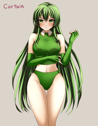  bare_legs bare_shoulders breasts buruma commission crop_top elbow_gloves erinys_(fire_emblem) female fingerless_gloves fire_emblem fire_emblem:_genealogy_of_the_holy_war fire_emblem_heroes gloves green_buruma green_eyes green_gloves green_hair green_shirt groin highres long_hair navel nervous nervous_smile pixiv_commission shirt sleeveless sleeveless_shirt smile solo sweatdrop tearing_up very_long_hair wavy_mouth yozu_(yozu0420) 