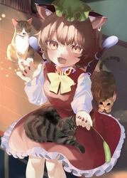  :d animal_ear_fluff animal_ear_piercing animal_ears blurry blurry_background blush bow bowtie breasts brown_eyes brown_hair cat_ears cat_teaser chen commentary_request dress feet_out_of_frame feline female fingernails from_above gold_trim green_hat hand_up hat highres holding holding_plant ijen_(ljenejl) jewelry light_particles long_sleeves looking_at_viewer mob_cap nail_polish oerba_yun_fang petticoat plant red_dress red_nails sharp_fingernails small_breasts smile solo touhou yellow_bow yellow_bowtie 