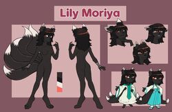  anthro ass birthmark black_body black_fur black_hair black_nose bracelet_(marking) breasts canid canine chibi clothed clothing dark_body dark_fur digital_media_(artwork) dress feet female footwear fox fur hair happy lily_moriya_(anayiara) m8tuna mammal markings model_sheet multi_tail null red_eyes robe sad sandals simple_background skinny sly smile smug solo tail text toes topwear white_tail_tip white_tipped_ears 