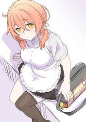  apron asymmetrical_legwear bag black_legwear blue_oath blush breasts commentary_request crossed_bangs female from_above hair_over_shoulder hair_ribbon highres low_twintails medium_breasts orange_hair ribbon shirt short_sleeves single_thighhigh sitting solo thighhighs twintails uneven_legwear wasp_(blue_oath) white_apron white_shirt whoosaku yellow_eyes 