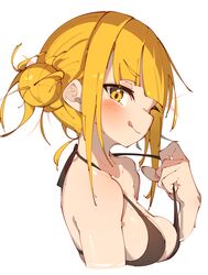  :q bare_shoulders bikini black_bikini blonde_hair blunt_bangs blush boku_no_hero_academia breasts collarbone cropped_torso double_bun female hair_bun halterneck highres looking_at_viewer medium_breasts rasusurasu short_hair sidelocks simple_background solo swimsuit toga_himiko tongue tongue_out upper_body white_background yellow_eyes 