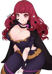  :p belt black_cape bodysuit breasts cape choker cleavage clothing_cutout commentary corrupted_twitter_file english_commentary facial_mark female fire_emblem fire_emblem_engage hair_ornament highres large_breasts long_hair looking_at_viewer red_eyes red_hair serafineart1001 side_cutout simple_background smile solo star_(symbol) star_facial_mark star_hair_ornament tongue tongue_out yunaka_(fire_emblem) 