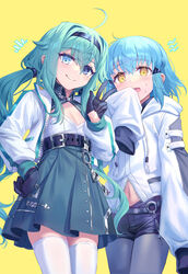  2girls absurdres ahoge akari_(shichigatsu) bad_id bad_pixiv_id belt black_gloves black_hairband blue_eyes blush gloves green_hair green_skirt grey_legwear grin hair_ornament hairband hairclip hand_on_own_hip hand_up heterochromia high-waist_skirt highres hood hood_down hoodie jacket long_hair long_sleeves looking_at_viewer low_twintails medium_hair miniskirt multiple_girls navel o-ring o-ring_belt open_clothes open_jacket open_mouth original pantyhose pantyhose_under_shorts purple_shorts shichigatsu short_shorts shorts simple_background skirt sleeves_past_fingers sleeves_past_wrists smile sou_(shichigatsu) standing thighhighs twintails very_long_hair w white_jacket white_legwear yellow_background yellow_eyes 