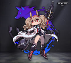  absurdres angelina_(arknights) animal_ears arknights bag black_footwear black_gloves black_legwear black_shorts brown_hair closed_mouth coat female fox_ears fox_girl full_body gloves highres holding holding_wand lataedelan long_hair long_sleeves looking_at_viewer red_eyes shoes shorts shoulder_bag sneakers solo twintails v-shaped_eyebrows wand white_coat 