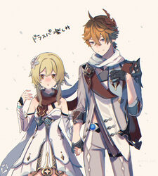  1boy ahoge bad_id bad_pixiv_id bare_shoulders blonde_hair blue_eyes blush breasts cape capelet cleavage coat commentary_request dress feather_hair_ornament feathers female flower gauntlets genshin_impact gloves hair_between_eyes hair_flower hair_ornament heavy_breathing holding_hands kino_(m6t2a) long_sleeves lumine_(genshin_impact) mask mask_on_head open_mouth orange_hair pants scarf simple_background tartaglia_(genshin_impact) vision_(genshin_impact) white_background white_coat white_dress white_pants yellow_eyes 