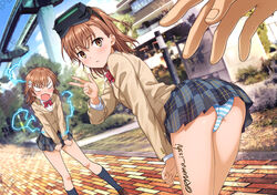  1boy 2girls academy_city angry ass bent_over black_skirt black_socks blazer blurry blurry_background bow bowtie brown_eyes brown_hair brown_jacket collared_shirt day electricity electrokinesis goggles goggles_on_head grey_skirt hair_ornament hairpin isshi_pyuma jacket kneehighs medium_hair misaka_imouto misaka_mikoto multiple_girls night_vision_device outdoors panties pantyshot plaid plaid_skirt pleated_skirt psychic red_bow red_bowtie school_emblem school_uniform shirt shouting siblings sisters skirt socks striped_clothes striped_panties toaru_kagaku_no_railgun toaru_majutsu_no_index tokiwadai_school_uniform twitter_username underwear v-shaped_eyebrows w white_shirt winter_uniform 