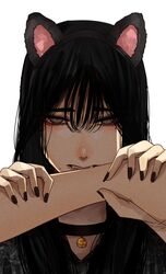  animal_ears biting biting_another&#039;s_hand black_dress black_hair black_nails cat_ears cat_girl choker commentary_request dress eyeshadow female green_eyes hair_between_eyes highres hoshi_san_3 jewelry long_hair looking_at_viewer makeup mole mole_under_eye mole_under_mouth multiple_moles original self-harm_scar simple_background white_background wrist_cutting yamifuka-san_(hoshi_san_3) 