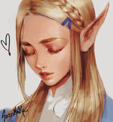  bangs blonde_hair braid closed_eyes commentary crown_braid english_commentary eyelashes face female forehead hair_ornament hair_over_shoulder hairclip lips long_hair long_pointy_ears making-of_available nose parted_bangs pointy_ears portrait princess_zelda solo sozomaika the_legend_of_zelda the_legend_of_zelda:_breath_of_the_wild thick_eyebrows white_background 