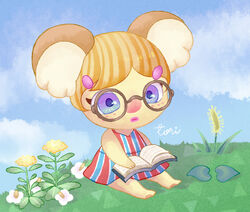  alice_(animal_crossing) animal_crossing animal_ears artist_name blonde_hair blue_eyes book cloud female flower freckles furry furry_female glasses grass hair_ornament hairclip koala koala_girl mata outdoors sitting sky solo 