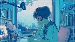  aqua_theme bag black_cat blue_sailor_collar book bookshelf border chair commentary computer cup desk desk_lamp facing_away feline female fish fishbowl flower from_side hand_on_own_chin hand_up headphones highres holding holding_pencil hydrangea indoors lamp laptop left-handed lofi_girl lofi_girl_(youtube) neckerchief open_book pen pencil pink_flower plant ponytail potted_plant rain red_neckerchief sailor_collar school_uniform scissors serafuku shirt short_hair short_ponytail short_sleeves sitting sky solo studying upper_body wacca005 water_drop white_shirt window writing 