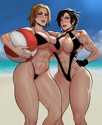  2girls abs arm_around_shoulder ball beach beachball bikini black_bikini black_eyeshadow black_gloves black_hair black_one-piece_swimsuit blue_sky blush borrowed_character breast_press breasts brown_hair center_opening cherry-gig cleavage collarbone commentary commission day earrings english_commentary eyeshadow fingerless_gloves gloves highres jewelry large_breasts lips looking_at_viewer makeup mole mole_under_mouth multiple_girls muscular muscular_female nose nose_blush ocean one-piece_swimsuit original outdoors photoshop_(medium) red_eyes scar scar_across_eye scar_on_face short_hair sky standing strap_gap swimsuit thick_thighs thighs underboob yellow_eyes 