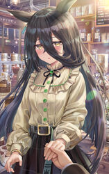  ahoge animal_ears bangle belt belt_buckle black_belt black_hair black_ribbon blush bracelet brown_skirt buckle buttons cafe coffee_beans coffee_grinder coffee_pot commentary_request cowboy_shot dot_nose ear_tag female fingernails frilled_shirt_collar frills hair_between_eyes highres holding_hands horse_ears horse_girl indoors jar jewelry lens_flare long_hair long_sleeves looking_at_viewer manhattan_cafe_(umamusume) neck_ribbon parted_lips plaid plaid_skirt pov pov_hands puffy_long_sleeves puffy_sleeves ribbon shirt shirt_tucked_in shop skirt torino_aqua umamusume very_long_hair yellow_eyes 