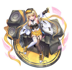  :d absurdres amplifier arm_belt armpits asymmetrical_legwear bad_id bad_pixiv_id bare_shoulders black_gloves blonde_hair brown_legwear elbow_gloves female gloves hair_ornament hand_up highres holding holding_microphone holographic_interface long_hair looking_at_viewer microphone miniskirt mismatched_legwear multicolored_hair original pencil_skirt shichigatsu shoes sitting skirt smile sneakers solo streaked_hair thighhighs twintails very_long_hair white_footwear white_legwear x_hair_ornament yellow_eyes yellow_skirt 