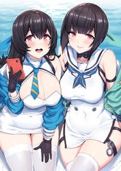  2girls atago_(blue_oath) black_collar black_gloves black_hair blue_jacket blue_neckwear blue_oath blue_ribbon blunt_bangs blush breasts cellphone cleavage cleavage_cutout clothing_cutout collar commentary_request covered_navel dress duplicate gloves green_jacket green_ribbons hair_ribbon highres holding holding_phone jacket large_breasts long_hair looking_at_viewer multiple_girls necktie off_shoulder open_mouth phone pixel-perfect_duplicate ribbon sailor_collar sailor_dress short_hair side_slit smartphone smile standing striped striped_necktie sun sunset takao_(blue_oath) thighhighs water white_collar white_dress white_legwear white_sailor_collar whoosaku zettai_ryouiki 