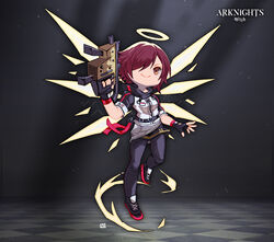  absurdres arknights black_footwear black_pants closed_mouth exusiai_(arknights) female full_body gun hair_over_one_eye halo highres holding holding_gun holding_weapon jacket kriss_vector lataedelan one_eye_covered pants red_eyes red_hair shoes short_hair sleeves_rolled_up smile sneakers solo submachine_gun weapon wings 