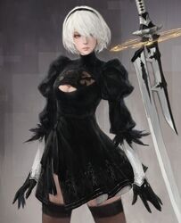  2b_(nier:automata) absurdres black_dress black_hairband blue_eyes cleavage_cutout clothing_cutout dress eyelashes feather-trimmed_sleeves feather_trim female floating floating_object floating_weapon gloves hairband highres juliet_sleeves katana lips long_sleeves mole mole_under_mouth nier:automata nier_(series) no_blindfold puffy_sleeves short_hair solo sword thighhighs vambraces virtuous_treaty wave_61 weapon white_hair 