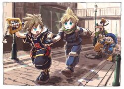  4boys armor baggy_pants bird black_footwear black_gloves black_jacket black_shorts blue_eyes blue_headwear blue_pants blue_shirt blush boots brick_road brown_footwear brown_gloves canine chain_necklace chains charm_(object) city cloud_strife crisis_core_final_fantasy_vii donald_duck duck final_fantasy final_fantasy_vii fingerless_gloves gloves goofy green_scarf green_sweater hair_between_eyes hat holding holding_hands holding_weapon hood hood_down hooded_jacket jacket jewelry keyblade kingdom_hearts kingdom_hearts_iii kingdom_key knee_pads looking_at_another looking_back male_focus multiple_boys necklace open_mouth outdoors over_shoulder pants parted_lips running scarf shirt short_hair short_sleeves shorts shoulder_armor shuumai_1022 sleeves_rolled_up smile sora_(kingdom_hearts) spiked_hair sweater weapon weapon_over_shoulder yellow_headwear yellow_pants 