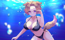  :t air_bubble animal_ears bare_arms bare_shoulders bikini black-framed_eyewear black_bikini blurry blurry_background blush breasts brown_hair bubble character_name cleavage closed_mouth collarbone day depth_of_field dog_ears dog_girl dog_tail female glasses gucchiann hair_ornament hairclip hand_up highres indie_virtual_youtuber kemomimi_refle! komae_nadeshiko long_sleeves looking_at_viewer medium_breasts navel outdoors parted_bangs pout purple_eyes short_hair side-tie_bikini_bottom solo swimsuit tail underwater virtual_youtuber water 