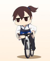  bicycle black_thighhighs blue_hakama blue_scrunchie blush brown_background brown_eyes brown_footwear brown_hair commentary female full_body gradient_background hakama highres holding japanese_clothes kaga_(kancolle) kantai_collection kimono long_hair muneate no_mouth riding riding_bicycle sandals scrunchie shadow side_ponytail skirt solo thighhighs white_kimono yakuto007 