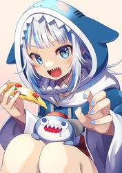  :d animal_hood bloop_(gawr_gura) blue_eyes blue_hair blunt_bangs claw_pose female fins fish_skeleton fish_tail food gawr_gura gawr_gura_(1st_costume) grey_hair highres holding holding_food holding_pizza hololive hololive_english hood hoodie knees_to_chest long_sleeves looking_to_the_side medium_hair multicolored_hair nail_polish open_mouth pizza print_hoodie ryofuhiko shark_girl shark_hood shark_tail sharp_teeth signature sitting smile solo streaked_hair tail teeth v-shaped_eyebrows virtual_youtuber 