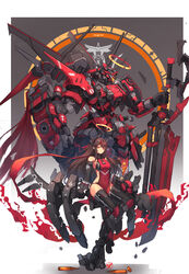  absurdres armpit_peek assault_visor breasts brown_hair covered_navel female floating_hair halo highres holding holding_sword holding_weapon horns long_hair looking_at_viewer mecha mecha_musume original red_eyes redrawn robot science_fiction single_horn small_breasts sword syaha weapon 