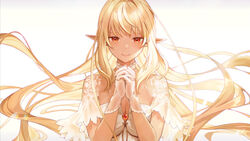  alternate_costume bad_id bad_twitter_id blonde_hair blush breasts brooch choker cleavage closed_mouth dark-skinned_female dark_skin dress elf female floating_hair gloves hair_intakes highres hololive interlocked_fingers jewelry kotatiyu large_breasts long_hair looking_at_viewer multicolored_hair nails_visible_through_gloves own_hands_clasped own_hands_together pointy_ears red_eyes shiranui_flare short_sleeves sidelocks simple_background smile solo streaked_hair upper_body very_long_hair virtual_youtuber white_background white_choker white_dress white_gloves 