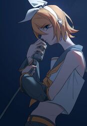  arm_warmers bare_shoulders belt blonde_hair blue_background blue_eyes bow collared_shirt crop_top expressionless female from_side grey_sailor_collar hairbow highres holding holding_microphone holding_microphone_stand kagamine_rin looking_at_viewer looking_to_the_side microphone microphone_stand neckerchief sailor_collar shirt short_hair sidelighting skinny sleeveless sleeveless_shirt solo upper_body vocaloid white_bow white_shirt wounds404 yellow_neckerchief 