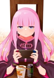  blue_eyes blunt_bangs blush brand_name_imitation closed_mouth female highres long_hair long_sleeves looking_at_viewer nintendo_switch pink_hair re:zero_kara_hajimeru_isekai_seikatsu ryuzu_meyer sitting solo straight_hair upper_body very_long_hair wristband yasehattagi 