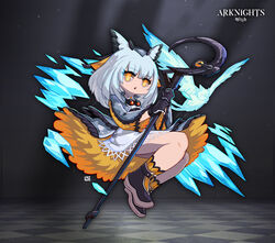  :o absurdres animal_ears arknights black_footwear blue_dress blue_hair blue_jacket dress female full_body highres holding holding_staff jacket lataedelan long_sleeves looking_at_viewer medium_hair open_mouth orange_eyes orange_legwear owl_girl ptilopsis_(arknights) shoes solo staff 