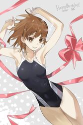  arms_up black_one-piece_swimsuit breasts brown_eyes brown_hair competition_swimsuit cowboy_shot electricity electrokinesis female happy_birthday highres misaka_mikoto one-piece_swimsuit pink_ribbon psychic ribbon short_hair small_breasts solo swimsuit talesofmea thighs toaru_kagaku_no_railgun toaru_majutsu_no_index tokiwadai_school_swimsuit two-tone_one-piece_swimsuit two-tone_swimsuit 