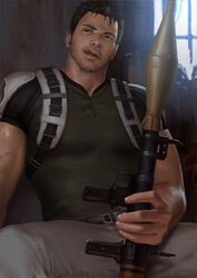  1boy :q bara beard brown_hair chest_harness chris_redfield commentary facial_hair green_shirt gun harness holding holding_gun holding_weapon large_pectorals male_focus mature_male muscular muscular_male paid_reward_available pants pectorals penguin_frontier resident_evil resident_evil_5 rocket_launcher rpg-7 rpg_(weapon) sexually_suggestive shirt short_hair sideburns solo spread_legs stubble sunlight thighs tight_clothes tight_shirt tongue tongue_out veins weapon white_pants window 