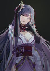  absurdres adjusting_hair black_gloves blunt_bangs breasts bridal_gauntlets buri_(retty9349) cleavage female genshin_impact gloves hands_up highres japanese_clothes kimono long_hair looking_at_viewer mole mole_under_eye obi parted_lips protected_link purple_eyes purple_hair raiden_shogun sash solo very_long_hair wide_sleeves 