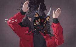  ameiarts artist_name bell black_hair black_nails black_shirt female fingernails fox_mask high_ponytail highres horns jacket jingle_bell long_fingernails long_hair mask oni open_clothes open_jacket original phony_(cevio) pointy_ears rabbit_pose red_jacket shirt solo song_name translated upper_body zipper 