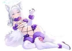  absurdres animal_ear_fluff animal_ears bad_id bad_twitter_id bare_shoulders blue_archive blue_eyes boots bow breasts cosplay cross_hair_ornament elbow_gloves extra_ears fate/grand_order fate_(series) female full_body fur-trimmed_gloves fur-trimmed_legwear fur_collar fur_trim gloves goyain grey_hair hair_ornament halo highres lace-trimmed_legwear lace_trim looking_at_viewer mash_kyrielight mash_kyrielight_(dangerous_beast) mash_kyrielight_(dangerous_beast)_(cosplay) medium_breasts medium_hair navel o-ring purple_gloves revealing_clothes shiroko_(blue_archive) smile solo tail thigh_boots white_background white_footwear wolf_ears wolf_tail 