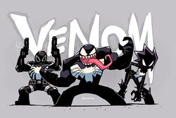  2boys absurdres agent_venom bent_over black_bodysuit black_hair bodysuit character_name claws dual_wielding female full_body glint grin gun hands_up highres holding holding_gun holding_weapon long_tongue looking_at_viewer mania_(marvel) marvel multiple_boys rariatto_(ganguri) smile spider-man_(series) spiked_belt spiked_hair tongue tongue_out toon_(style) twitter_username venom_(marvel) very_long_tongue weapon 