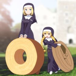  2girls age_difference angelene baumkuchen black_dress blonde_hair blue_eyes blurry blurry_background blush braid breasts brown_eyes brown_footwear closed_mouth commentary day depth_of_field dress gloves grass habit hair_between_eyes height_difference highres holding lolicon long_hair long_sleeves lucia_(toaru_majutsu_no_index) medium_breasts multiple_girls nun open_mouth outdoors parted_bangs shirosato shoes standing toaru_majutsu_no_index traditional_nun twin_braids twintails v-shaped_eyebrows veil very_long_hair white_footwear white_gloves wide_sleeves 