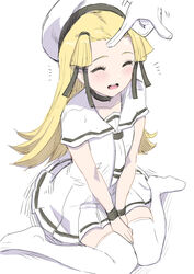  between_legs blonde_hair blue_oath blush closed_eyes commentary_request dress female hair_ribbon hand_between_legs hat helena_(blue_oath) highres long_hair necktie open_mouth out_of_frame ribbon sailor_collar short_sleeves simple_background sitting thighhighs white_background white_dress white_headwear white_legwear white_necktie white_sailor_collar whoosaku 