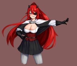  beeeeen black_gloves black_skirt blue_eyes blush breasts cleavage cleavage_cutout clip_studio_paint_(medium) clothing_cutout eyepatch female gloves grin hair_between_eyes korean_commentary large_breasts last_origin long_hair may_of_doom one_eye_covered pleated_skirt skirt smile solo standing 