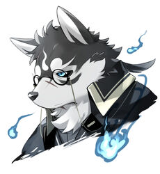  1boy black-framed_eyewear black_sclera blue_eyes blue_fire body_fur closed_mouth colored_sclera cropped_shoulders dog_boy expressionless eyewear_strap fire furry furry_male glasses highres jitome kinoshita_jiroh looking_away male_focus masanori_(housamo) ponytail portrait scar scar_on_face simple_background slit_pupils snout solo tokyo_afterschool_summoners white_background 