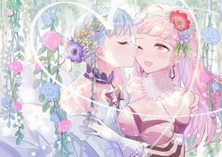  2girls artist_name blue_hair braid breasts bride cleavage closed_eyes closed_mouth commentary_request crown_braid dress earrings fire_emblem fire_emblem:_three_houses flower from_side gloves hair_flower hair_ornament highres hilda_valentine_goneril jewelry kissing kissing_cheek long_hair marianne_von_edmund multiple_girls one_eye_closed open_mouth pink_eyes pink_hair ponytail sakuramotikun upper_body wedding_dress white_gloves wife_and_wife yuri 