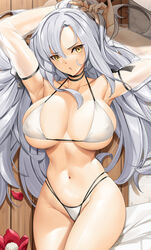  armpits arms_up azur_lane bikini bow breasts collarbone cowboy_shot detached_sleeves drake_(azur_lane) drake_(the_golden_hind&#039;s_respite)_(azur_lane) female groin highres large_breasts long_hair long_sleeves looking_at_viewer lying messy_hair navel official_alternate_costume on_back parted_lips petals see-through see-through_sleeves sidelocks solo swimsuit thighs tony_guisado very_long_hair white_bikini wooden_floor 