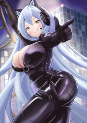  absurdres animal_ear_headphones animal_ears arkhangelsk_(azur_lane) arkhangelsk_(grandiose_getaway)_(azur_lane) ass azur_lane biker_clothes bikesuit black_bodysuit bodysuit bouhuuu breasts cat_ear_headphones catsuit cleavage fake_animal_ears female finger_gun headphones highres ladder large_breasts latex latex_bodysuit long_hair looking_at_viewer night official_alternate_costume outdoors shiny_clothes smile solo thighs white_hair yellow_eyes 