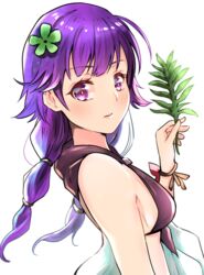  bikini bracelet breasts female fire_emblem fire_emblem:_the_sacred_stones fire_emblem_heroes flower hair_flower hair_ornament highres jewelry leaf long_hair looking_at_viewer lute_(fire_emblem) lute_(summer)_(fire_emblem) parted_lips purple_eyes purple_hair satuki_(jo4pr8) sideboob small_breasts swimsuit tied_hair upper_body white_background 