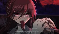  brown_hair collarbone commentary criis-chan danganronpa_(series) danganronpa_another_episode:_ultra_despair_girls determined female fukawa_toko genocider_shou holding_hands long_hair long_tongue red_eyes round_eyewear symbol-only_commentary tongue tongue_out twitter_username 